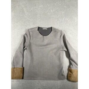 Zara Faux Suede Long Sleeve Fur Cuff Sleeve Grey Beige Blouse Top Women's Small